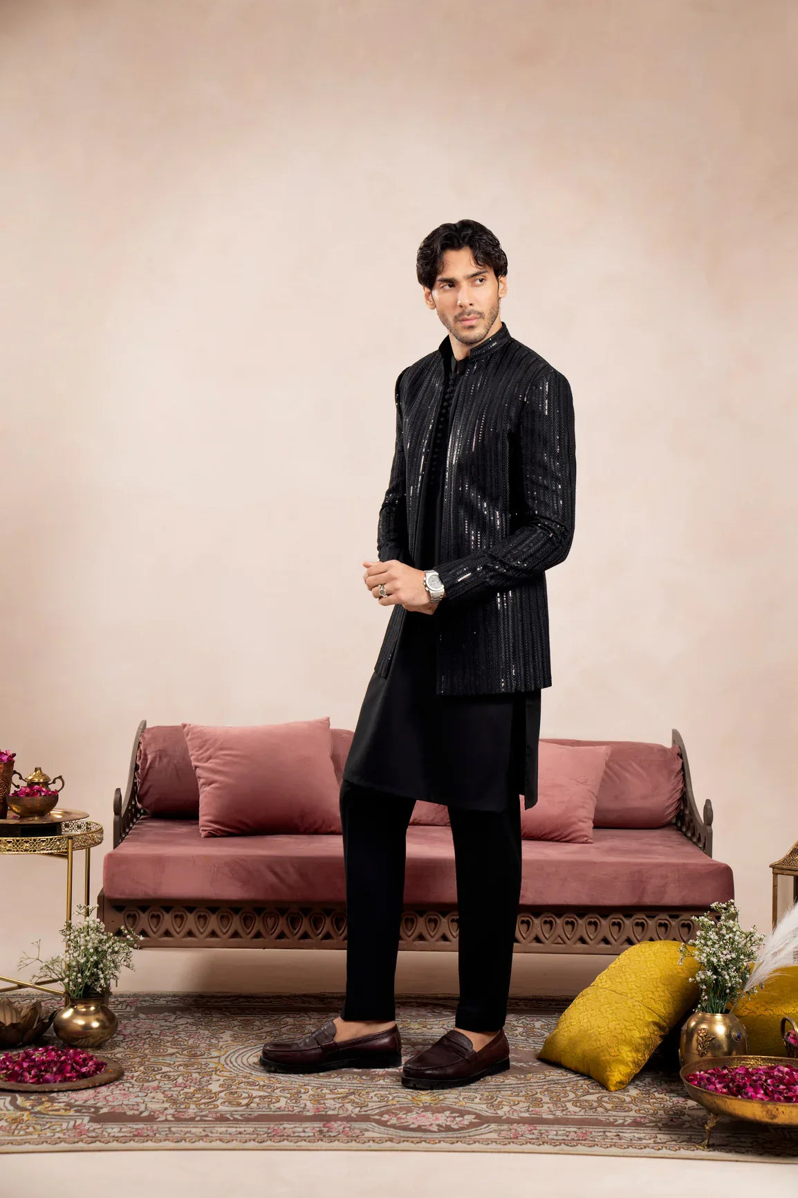 Black Loop Kurta Trouser with Falling Arrow Sequin Embroidered Open Prince Coat - 3PC - Men - Muraqsh -- Wedding Wear