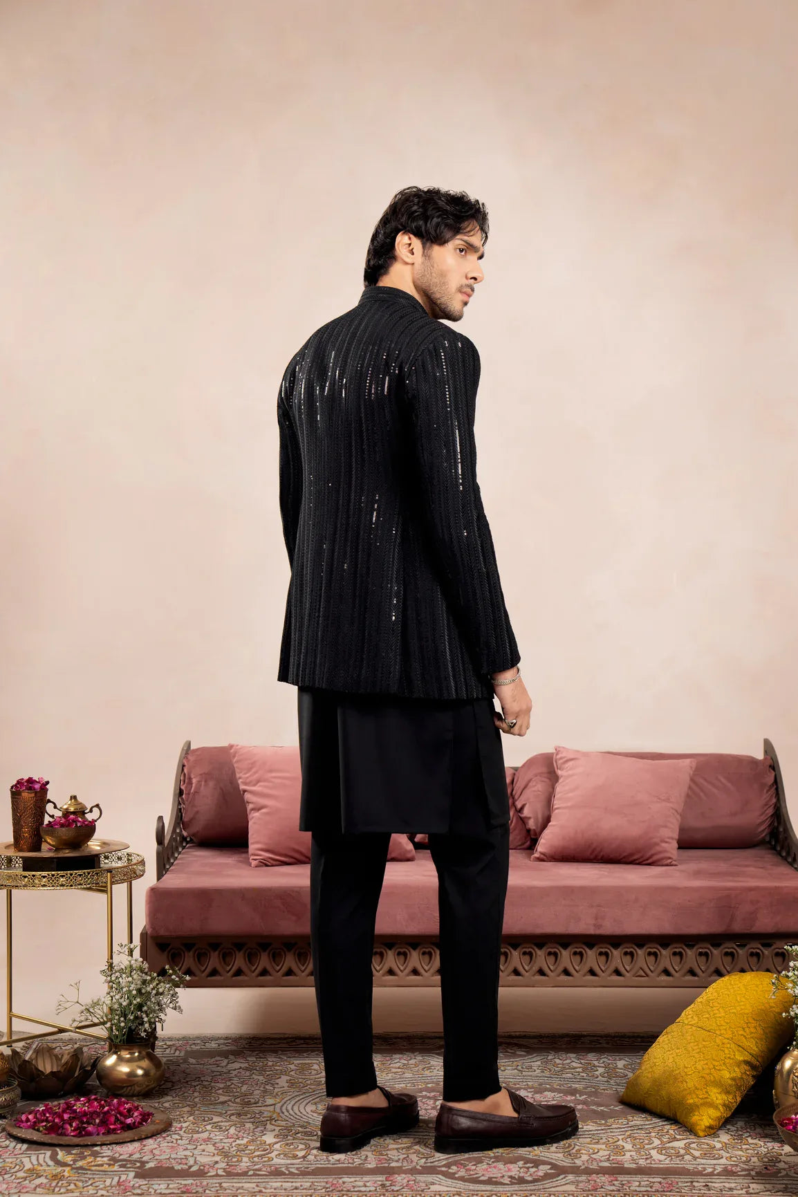 Black Loop Kurta Trouser with Falling Arrow Sequin Embroidered Open Prince Coat - 3PC - Men - Muraqsh -- Wedding Wear