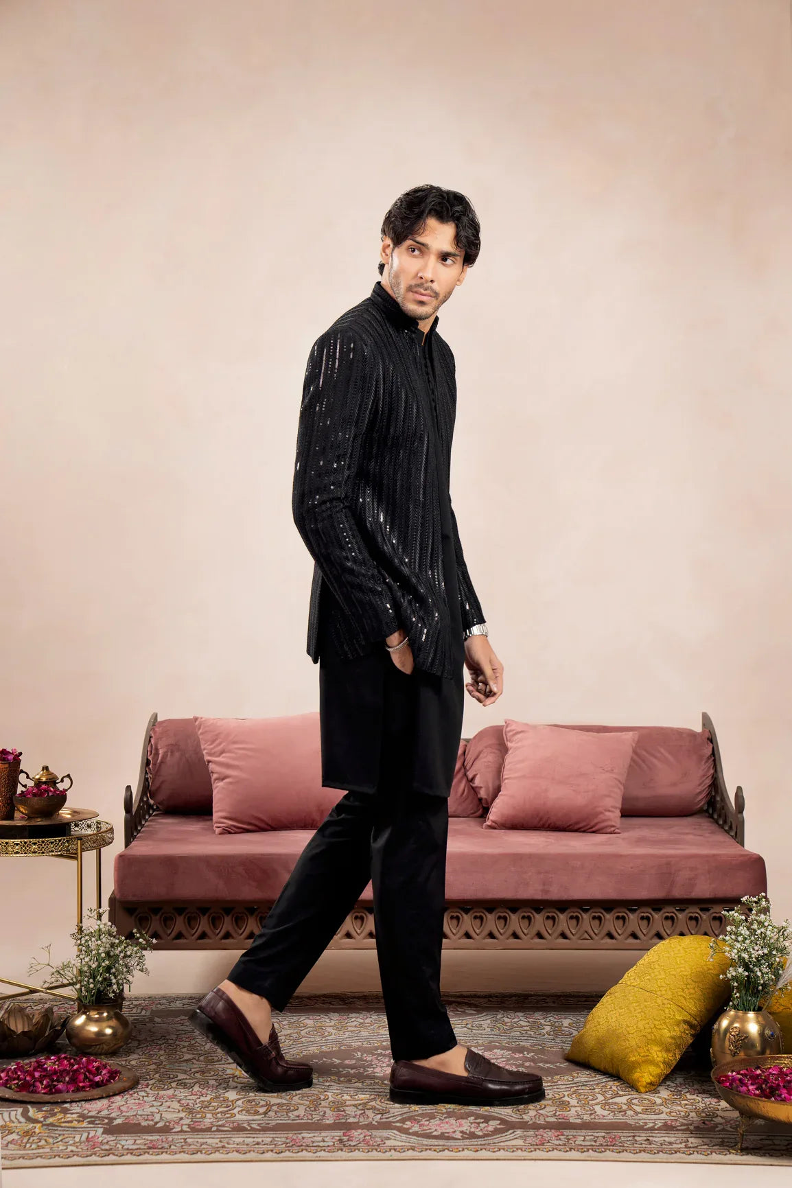 Black Loop Kurta Trouser with Falling Arrow Sequin Embroidered Open Prince Coat - 3PC - Men - Muraqsh -- Wedding Wear