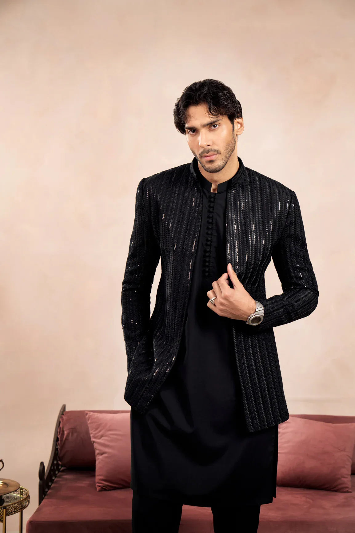 Black Loop Kurta Trouser with Falling Arrow Sequin Embroidered Open Prince Coat - 3PC - Men - Muraqsh -- Wedding Wear