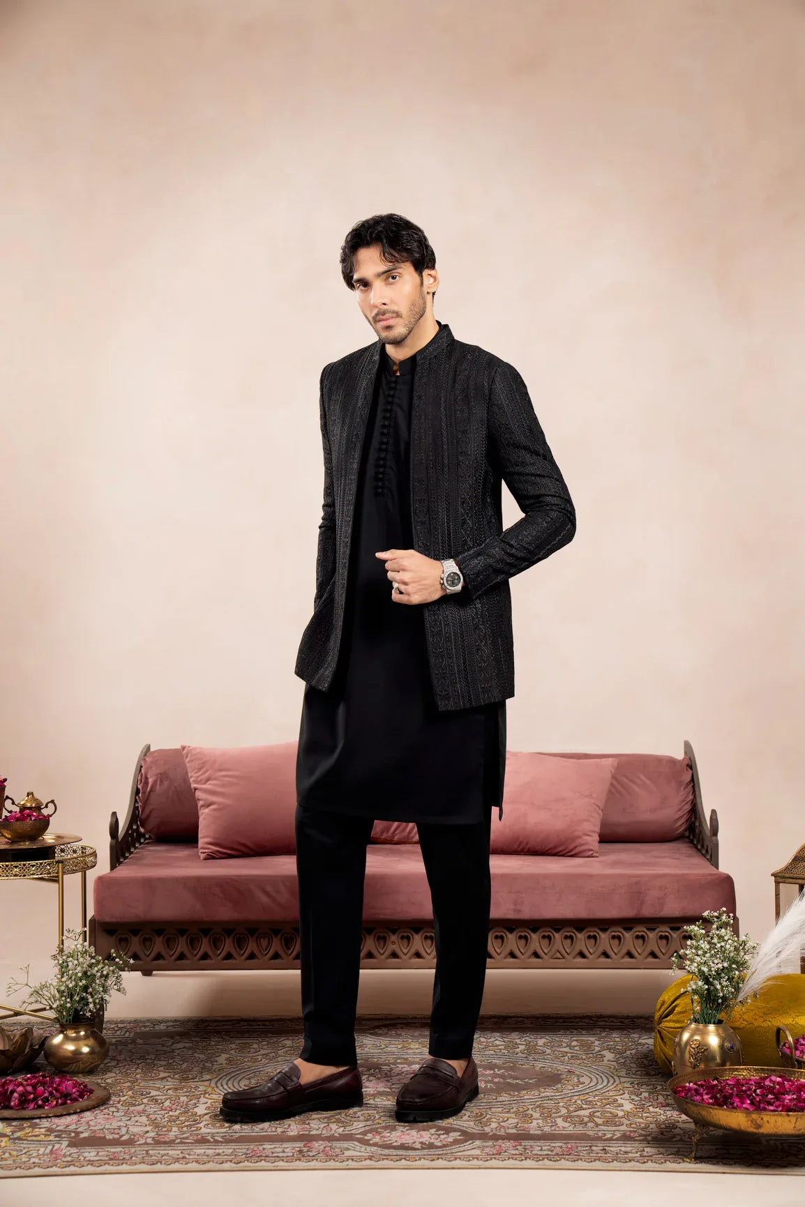 Black Loop Kurta Trouser with Cross Stitched Embroidered Open Prince Coat - 3PC - Men - Muraqsh -- Wedding Wear