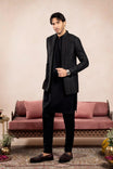 Black Loop Kurta Trouser with Cross Stitched Embroidered Open Prince Coat - 3PC - Men - Muraqsh -- Wedding Wear