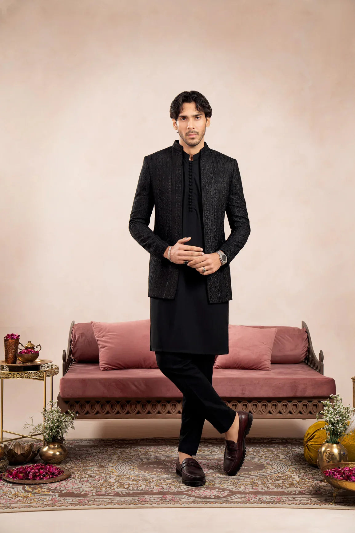 Black Loop Kurta Trouser with Cross Stitched Embroidered Open Prince Coat - 3PC - Men - Muraqsh -- Wedding Wear