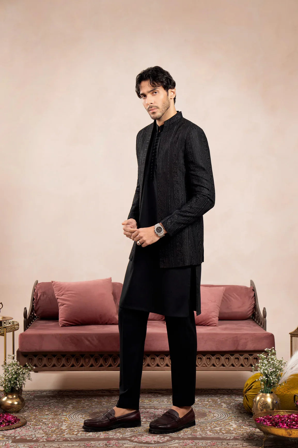 Black Loop Kurta Trouser with Cross Stitched Embroidered Open Prince Coat - 3PC - Men - Muraqsh -- Wedding Wear