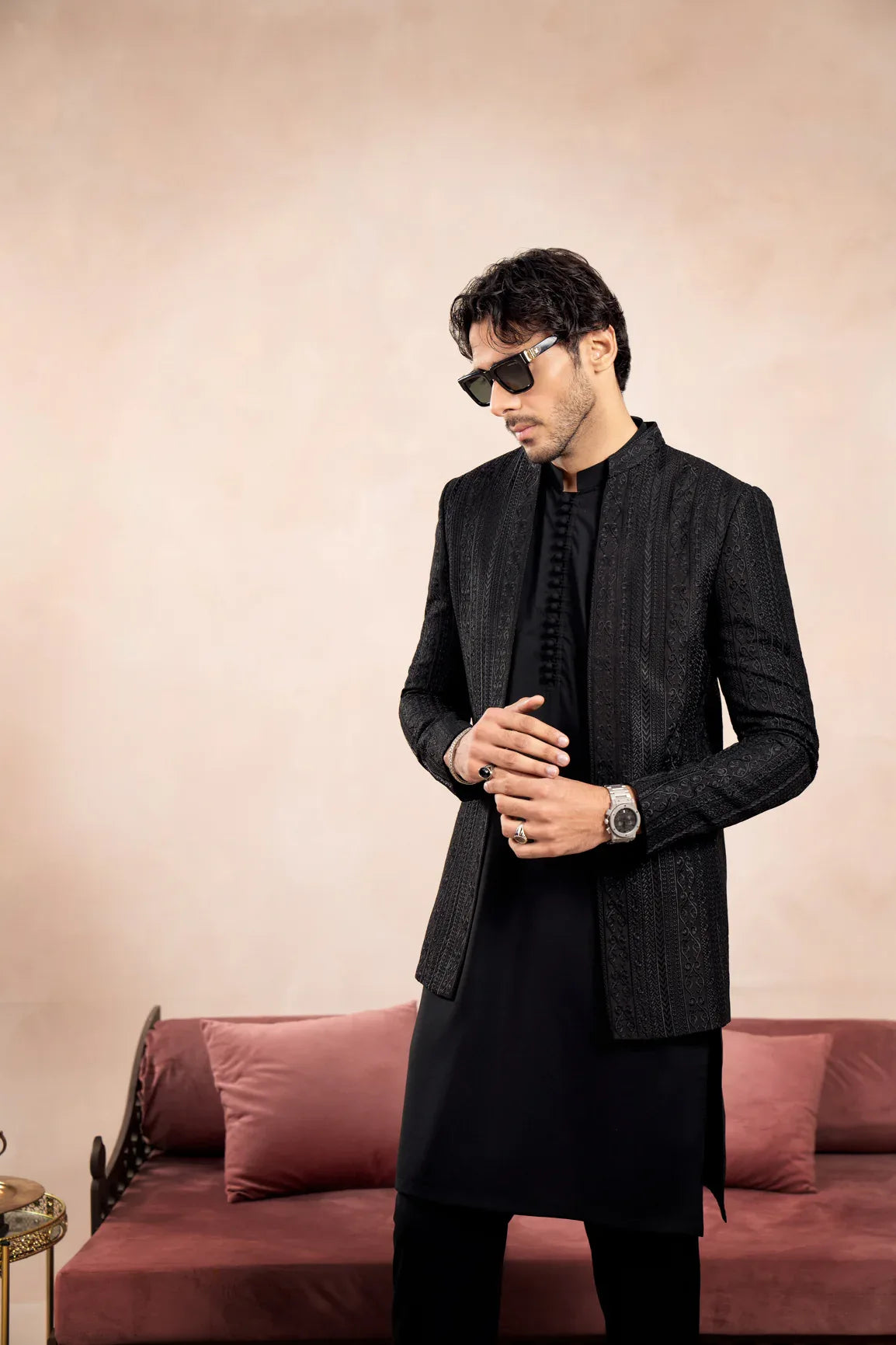 Black Cross Stitched Embroidered Open Prince Coat - Men - Muraqsh -- Wedding Wear