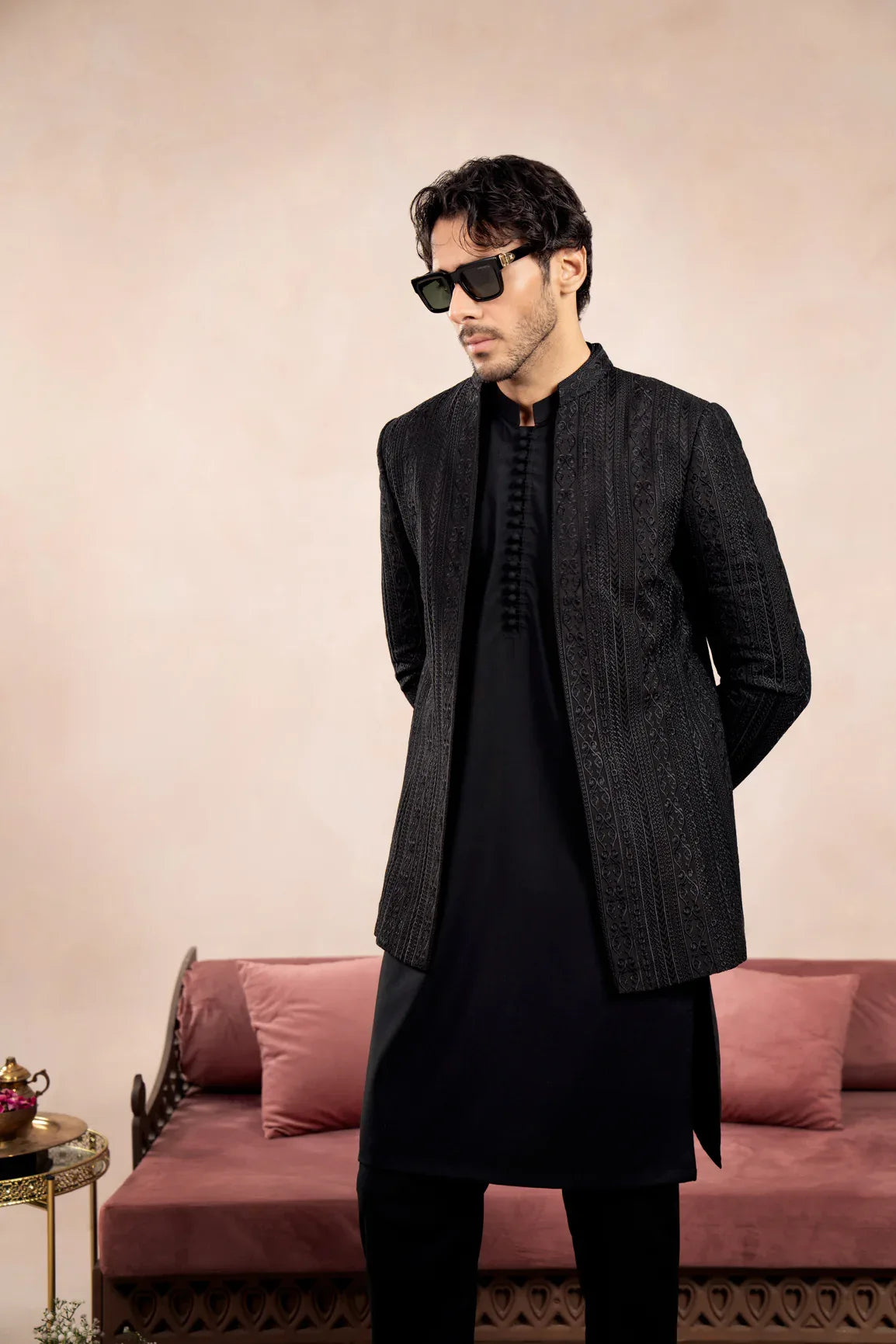 Black Loop Kurta Trouser with Cross Stitched Embroidered Open Prince Coat - 3PC - Men - Muraqsh -- Wedding Wear
