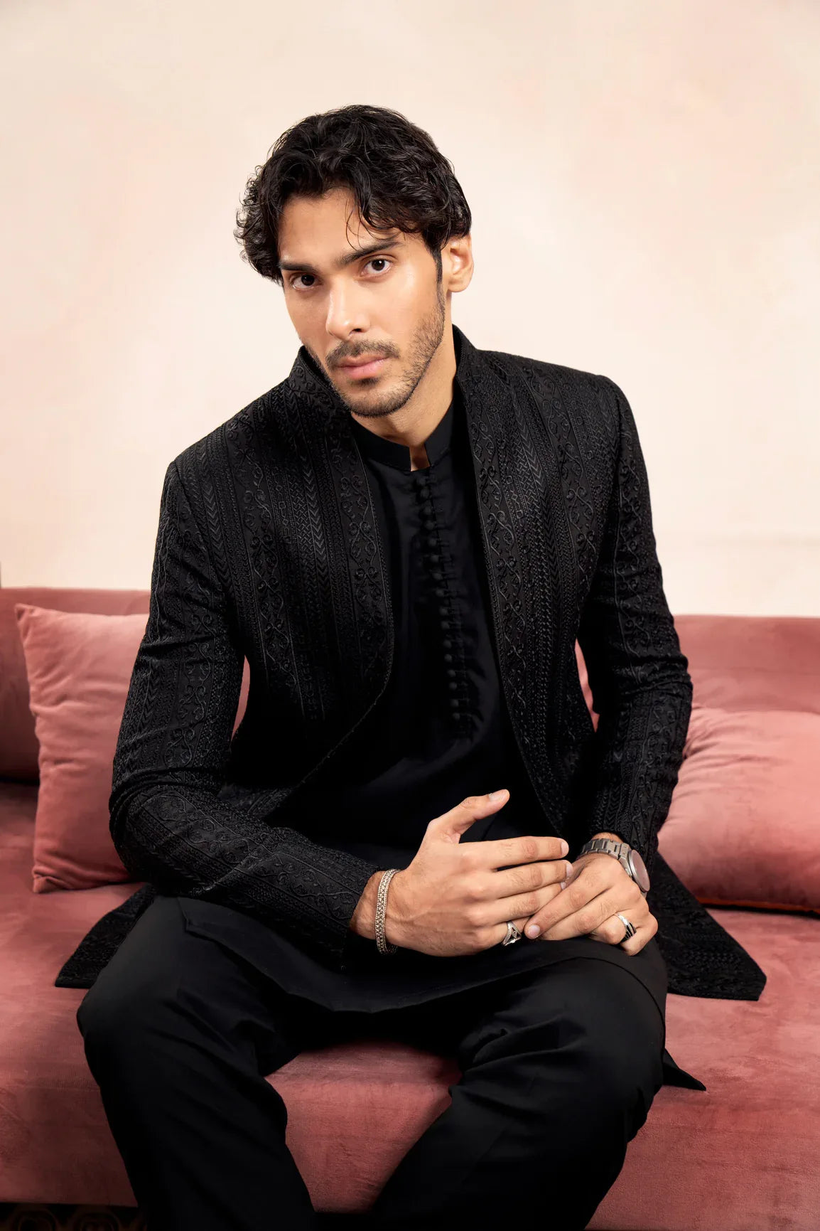 Black Loop Kurta Trouser with Cross Stitched Embroidered Open Prince Coat - 3PC - Men - Muraqsh -- Wedding Wear