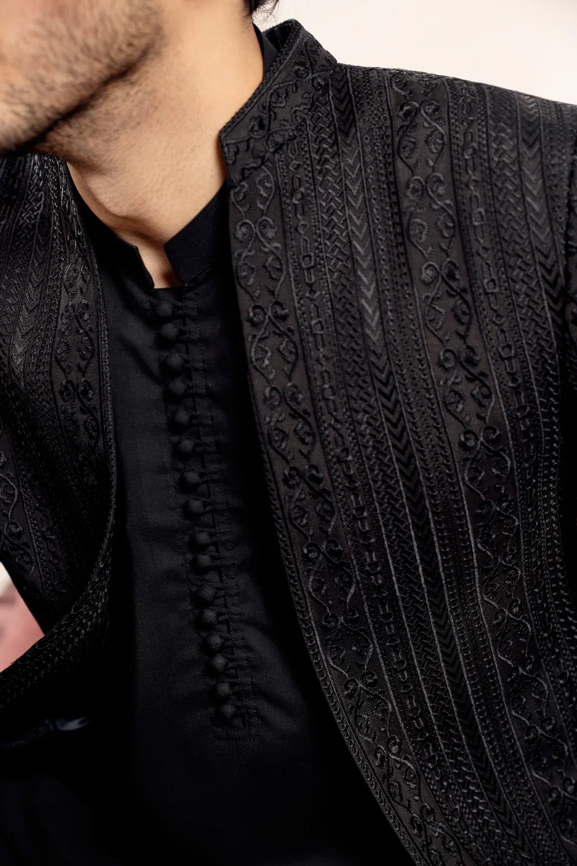 Black Cross Stitched Embroidered Open Prince Coat - Men - Muraqsh -- Wedding Wear