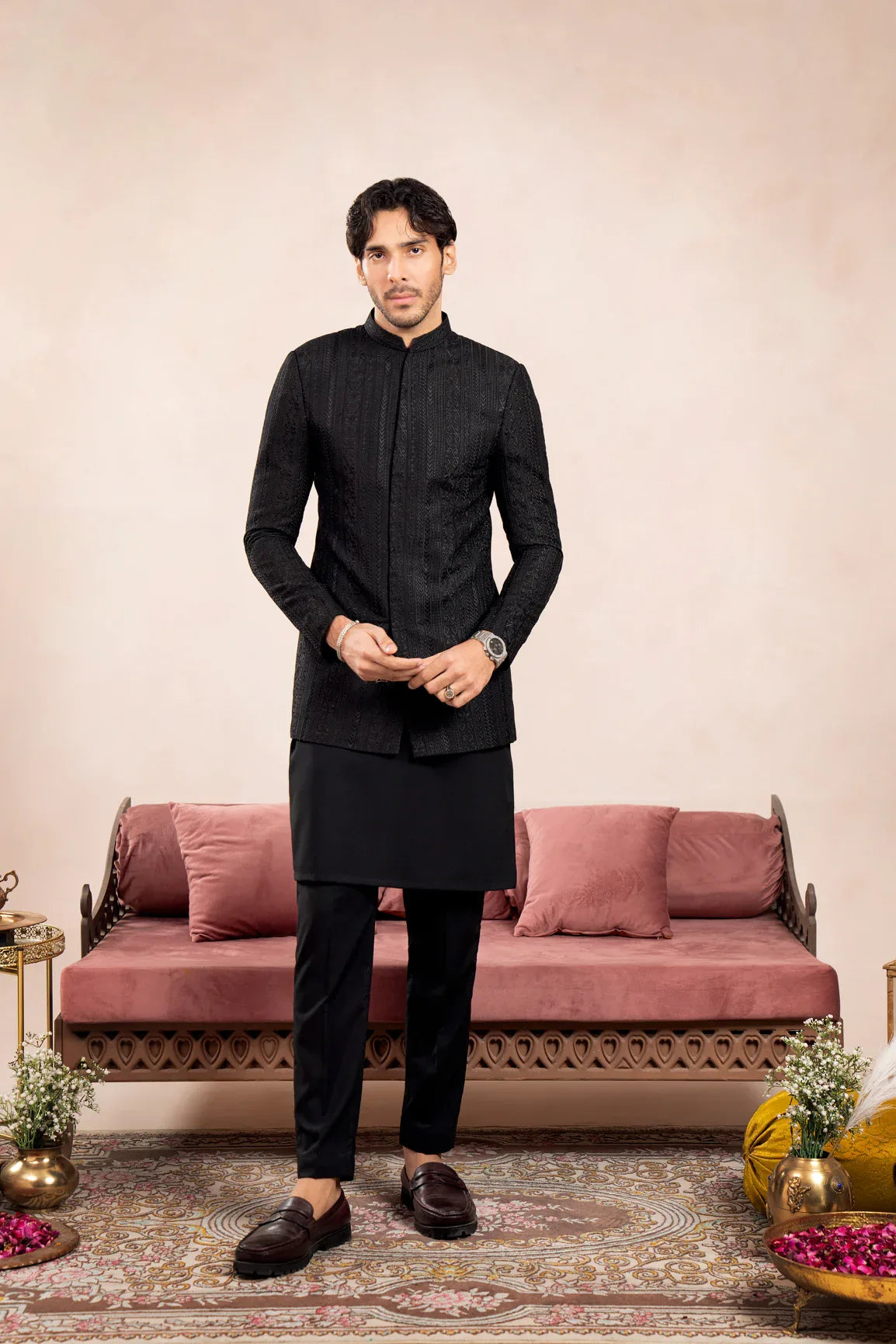 Black Cross Stitched Embroidered Prince Coat - Men - Muraqsh -- Wedding Wear