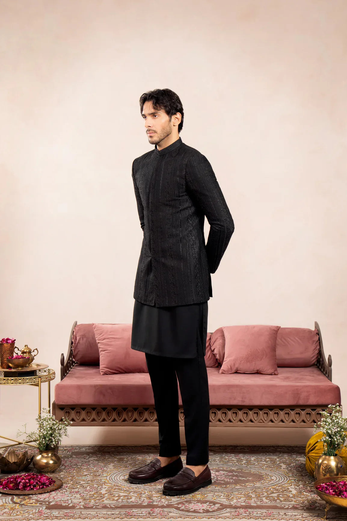 Black Cross Stitched Embroidered Prince Coat - Men - Muraqsh -- Wedding Wear