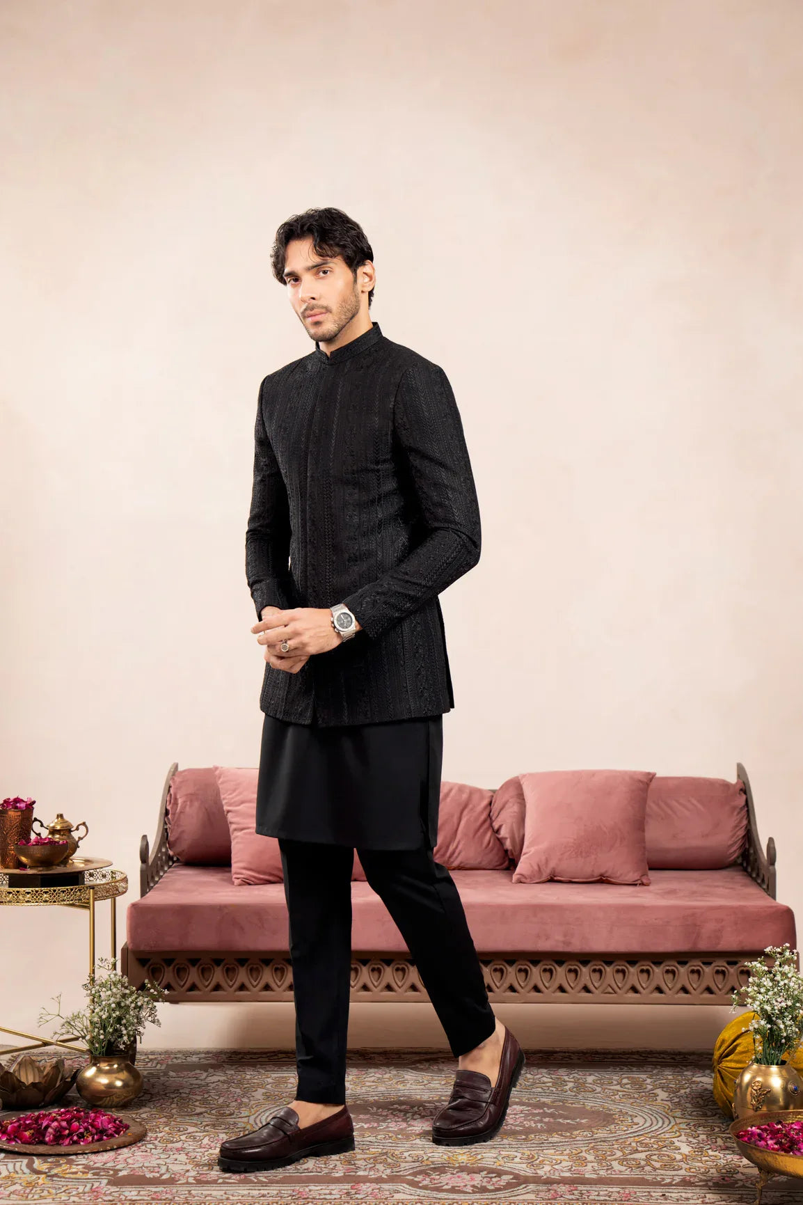 Black Kurta Trouser with Cross Stitched Embroidered Prince Coat - 3PC - Men - Muraqsh -- Wedding Wear