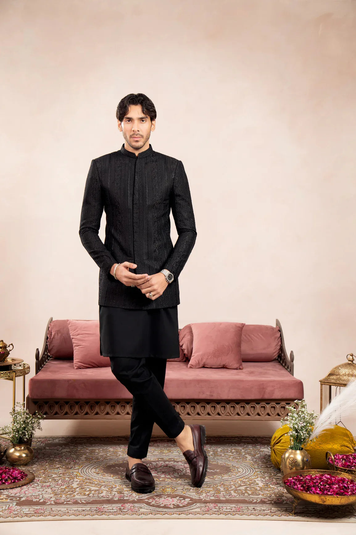 Black Kurta Trouser with Cross Stitched Embroidered Prince Coat - 3PC - Men - Muraqsh -- Wedding Wear