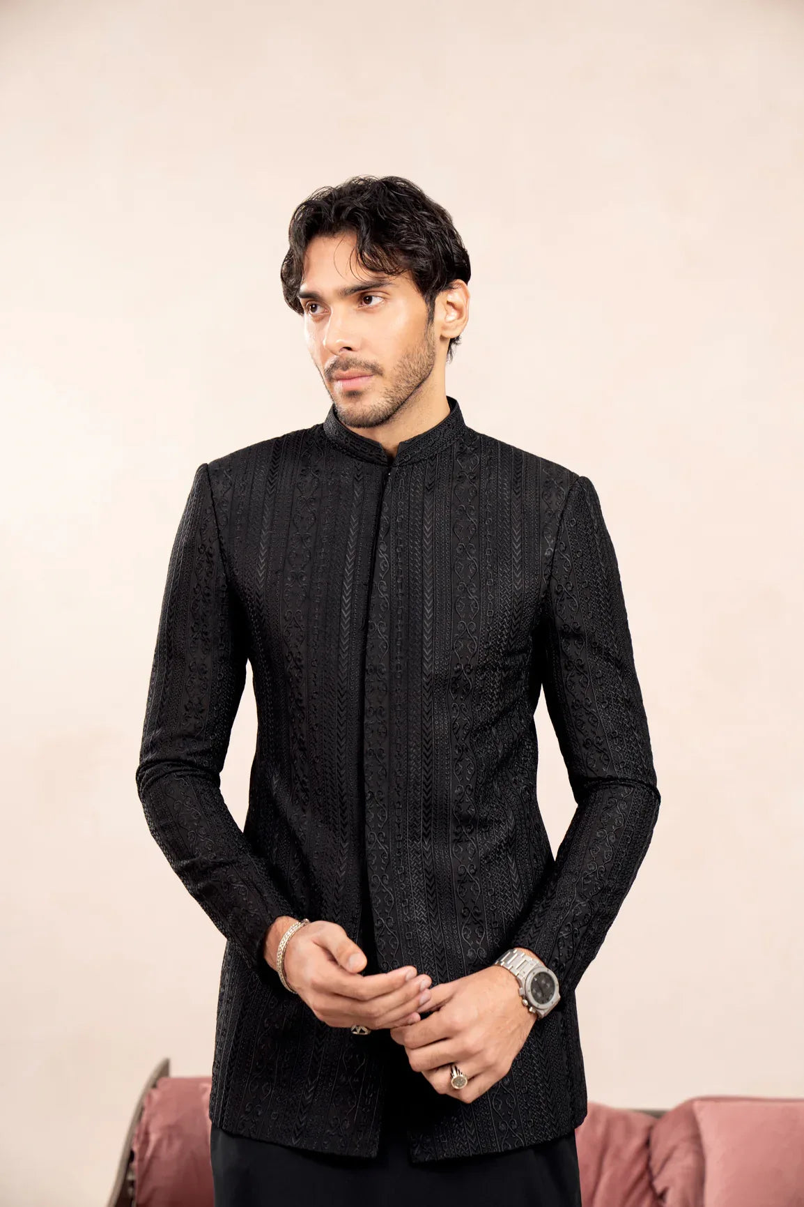 Black Kurta Trouser with Cross Stitched Embroidered Prince Coat - 3PC - Men - Muraqsh -- Wedding Wear