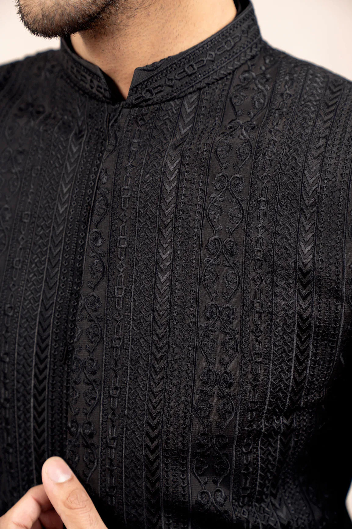 Black Cross Stitched Embroidered Prince Coat - Men - Muraqsh -- Wedding Wear