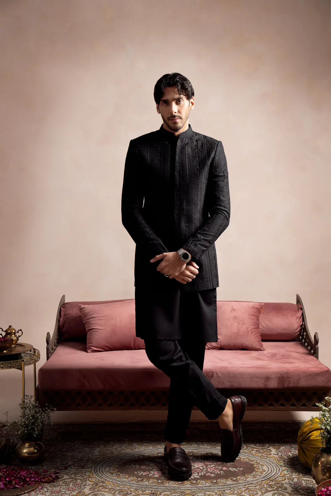 Black Cross Stitched Embroidered Prince Coat - Men - Muraqsh -- Wedding Wear
