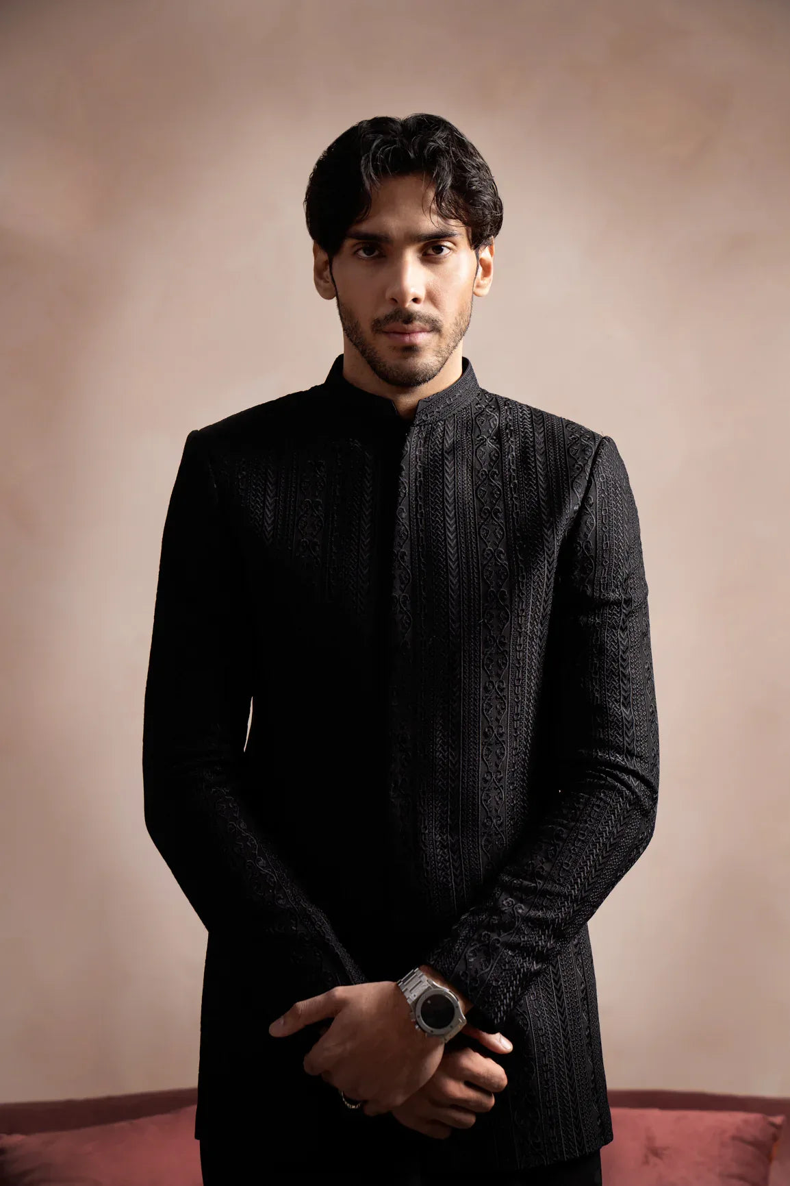 Black Kurta Trouser with Cross Stitched Embroidered Prince Coat - 3PC - Men - Muraqsh -- Wedding Wear