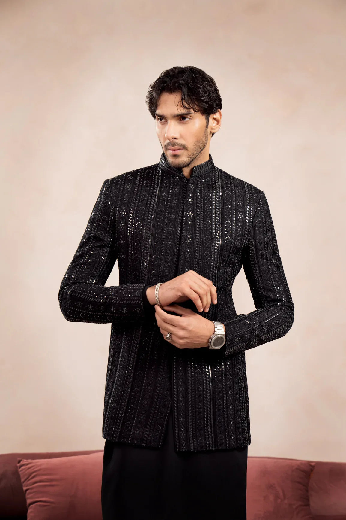 Muraqsh Ready To Wear Embroidered Cotton Men Black Falling Pani Sequin Prince Coat MUR-BFE-P - Summer Collection