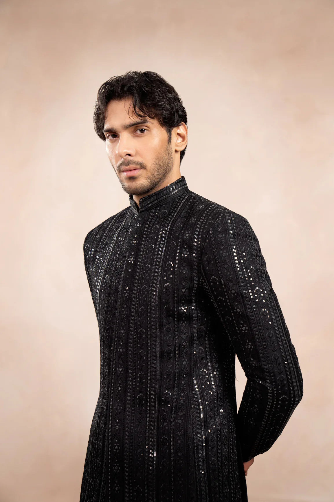 Black Kurta Trouser with Falling Embroidered - Pani Sequin Prince Coat - 3PC - Men - Muraqsh -- Wedding Wear