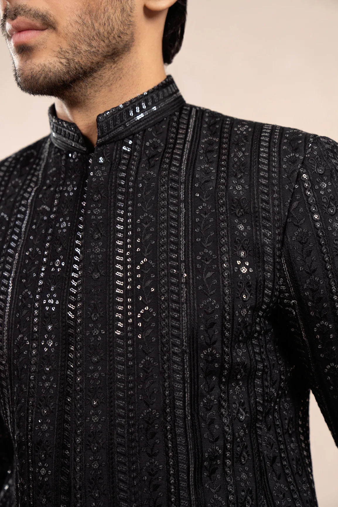 Black Kurta Trouser with Falling Embroidered - Pani Sequin Prince Coat - 3PC - Men - Muraqsh -- Wedding Wear