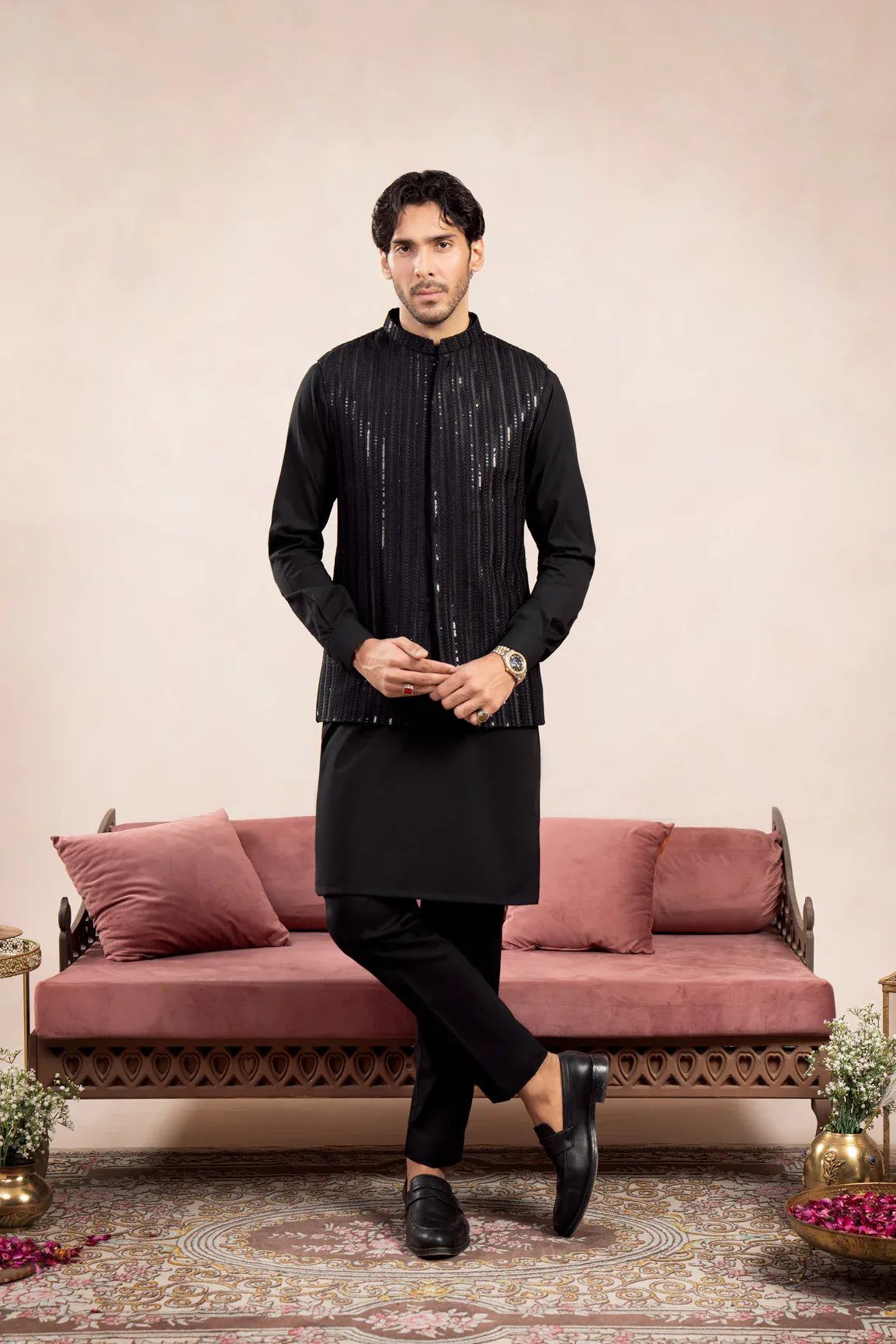 Black Kurta Trouser with Falling Arrow Embroidered Waistcoat - 3PC - Men - Muraqsh -- Wedding Wear