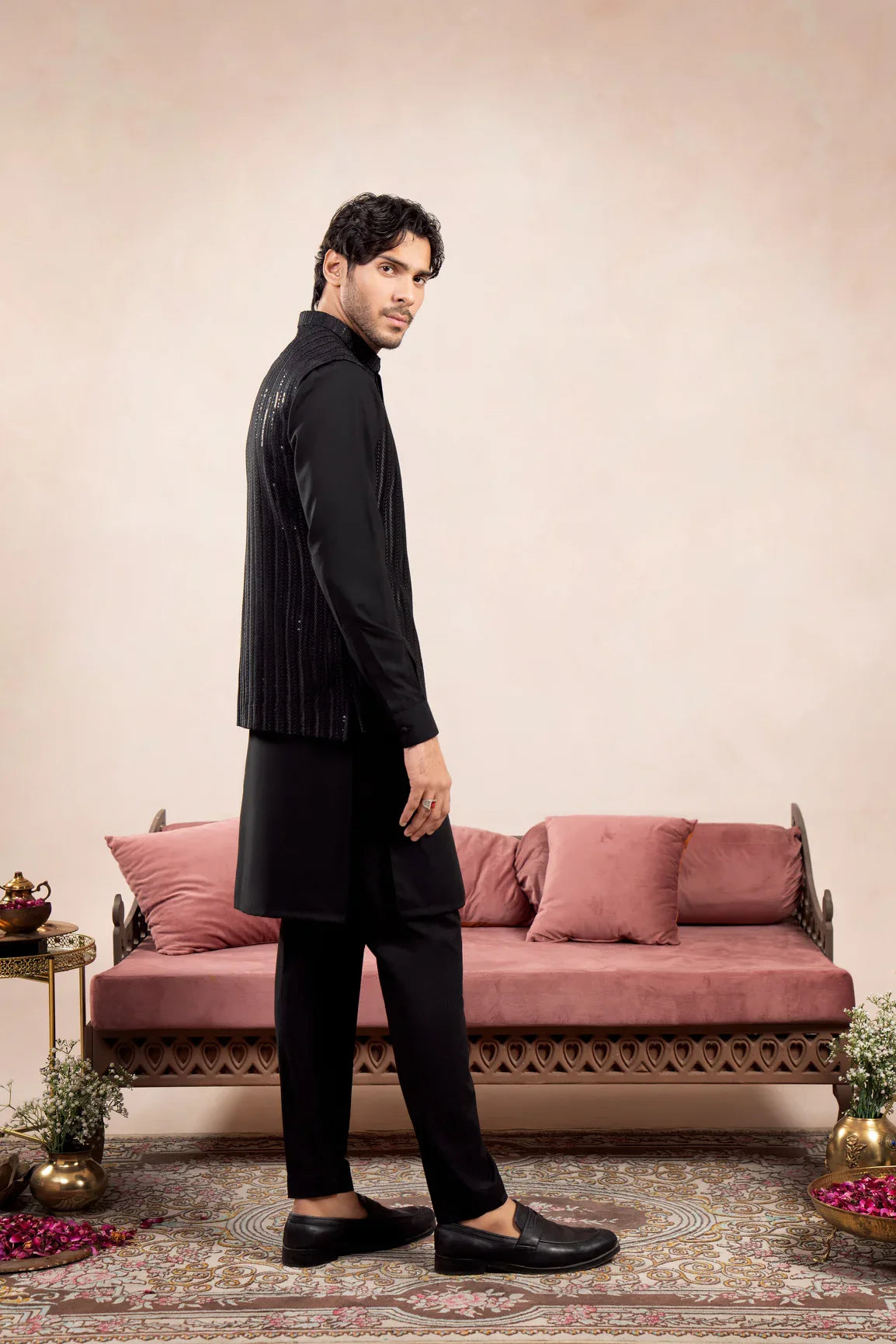 Black Kurta Trouser with Falling Arrow Embroidered Waistcoat - 3PC - Men - Muraqsh -- Wedding Wear