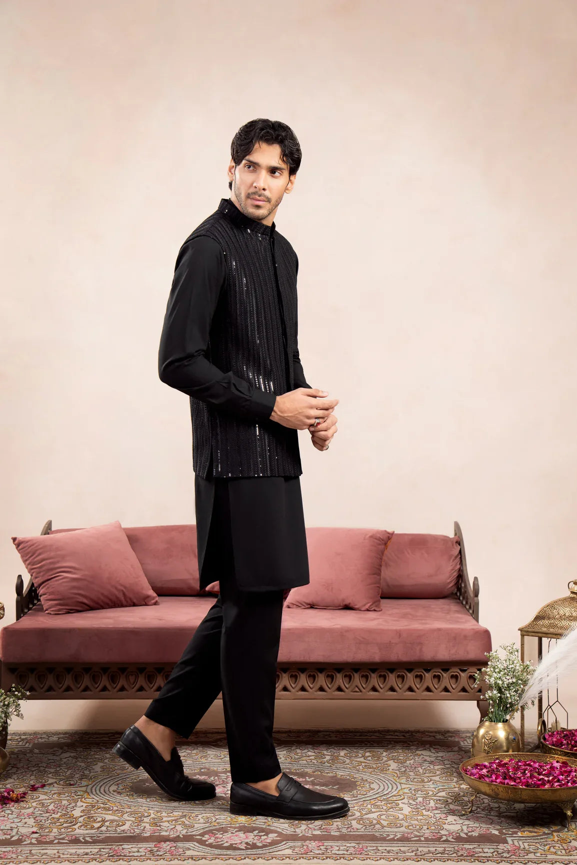 Black Kurta Trouser with Falling Arrow Embroidered Waistcoat - 3PC - Men - Muraqsh -- Wedding Wear