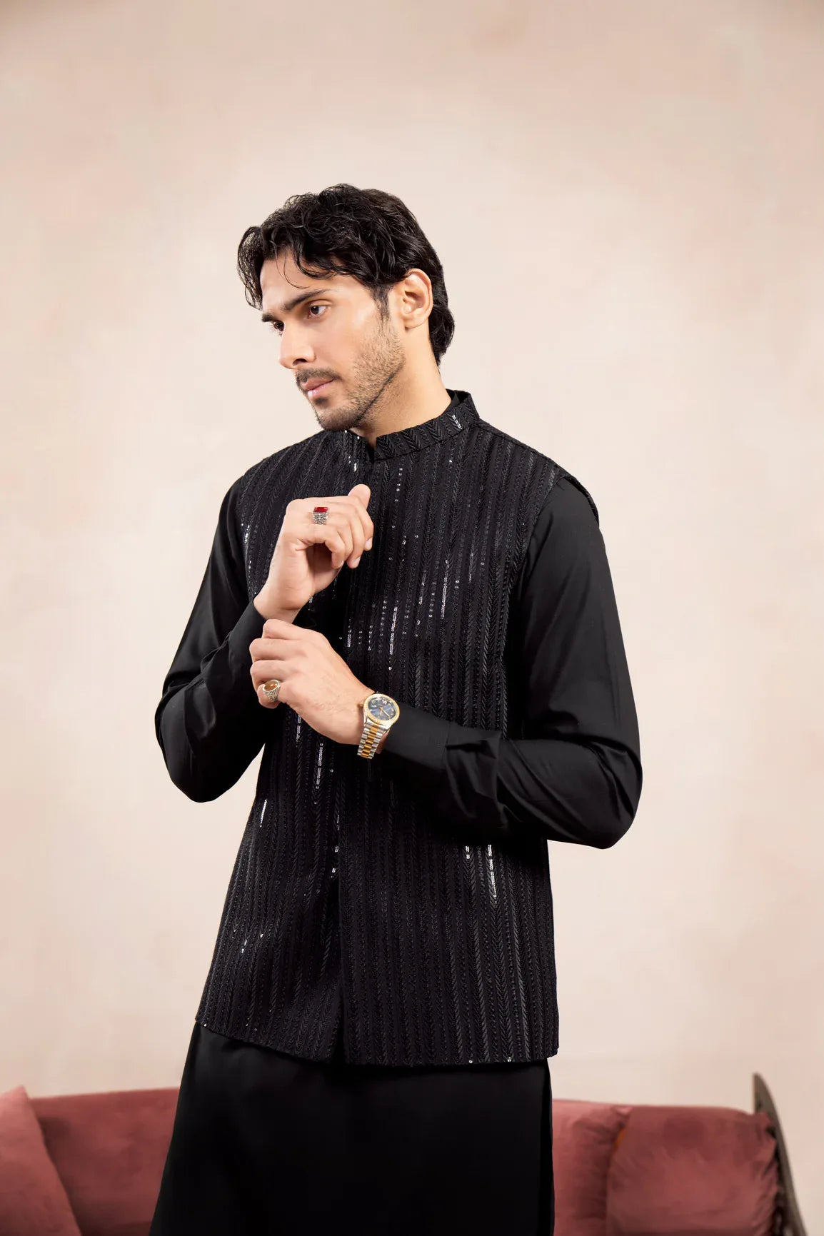 Black Kurta Trouser with Falling Arrow Embroidered Waistcoat - 3PC - Men - Muraqsh -- Wedding Wear