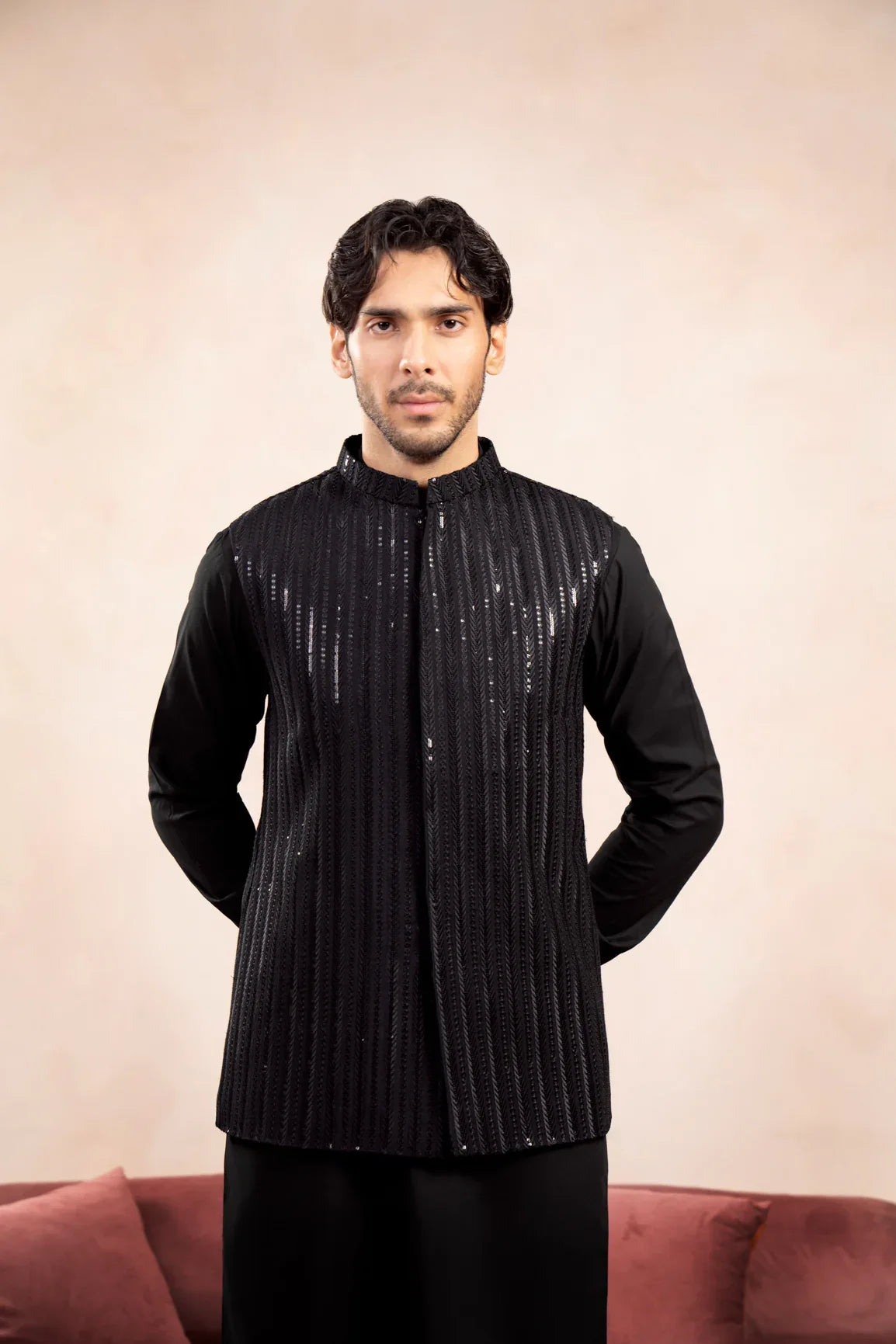 Black Kurta Trouser with Falling Arrow Embroidered Waistcoat - 3PC - Men - Muraqsh -- Wedding Wear
