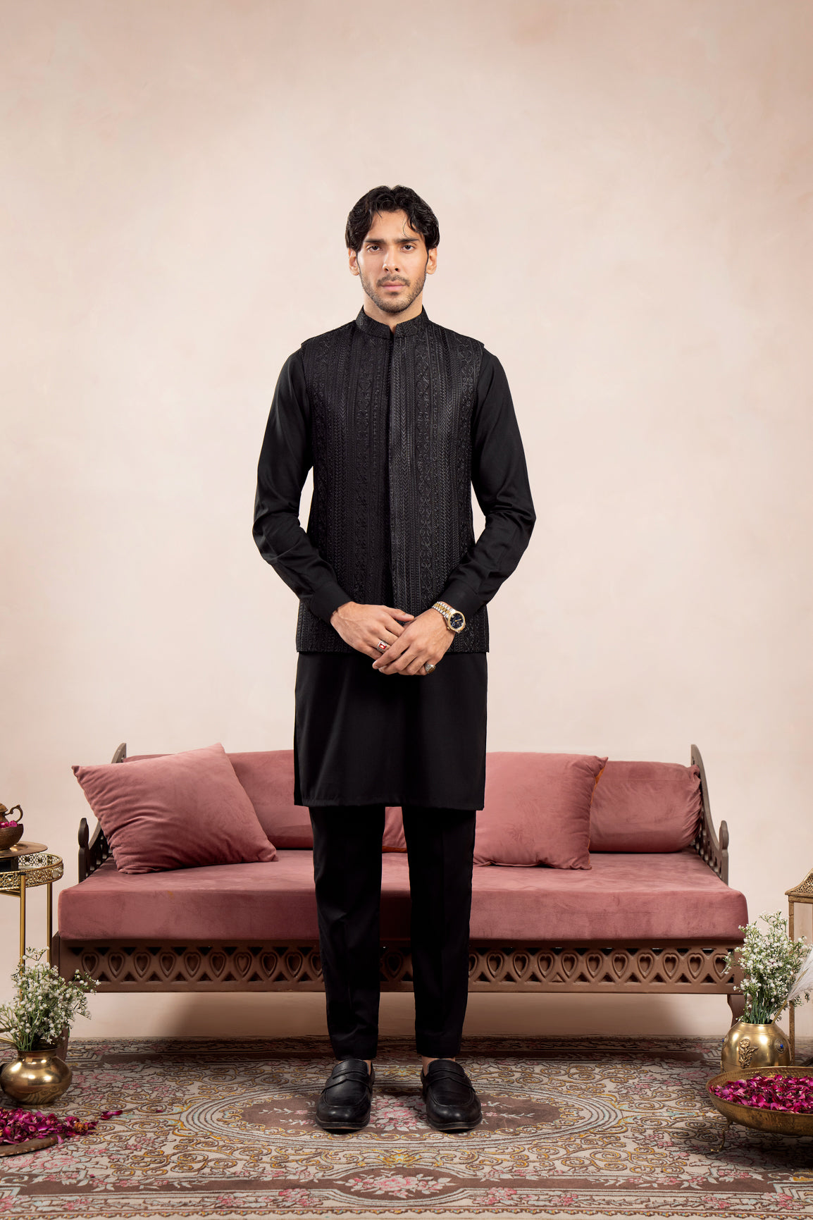 Black Cross Stitched Embroidered Waistcoat - Men