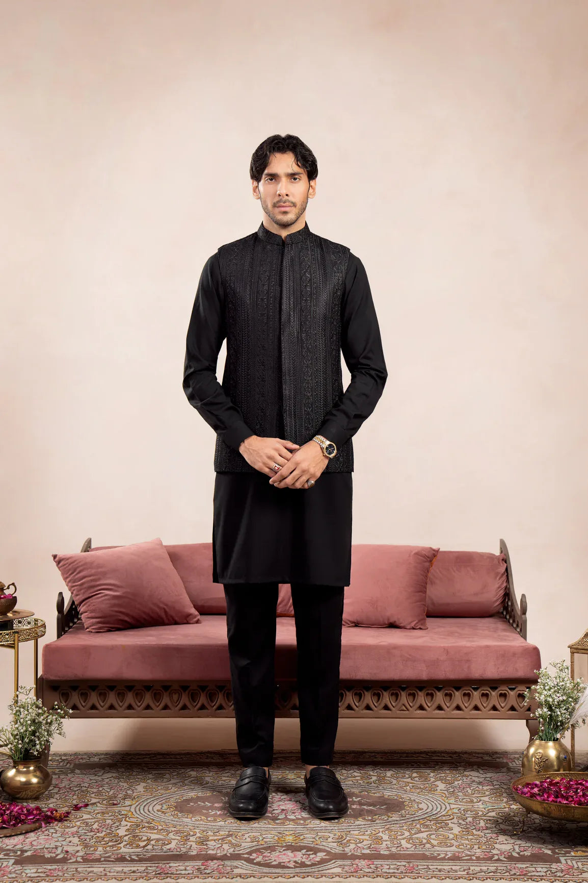 Black Cross Stitched Embroidered Waistcoat - Men - Muraqsh -- Wedding Wear