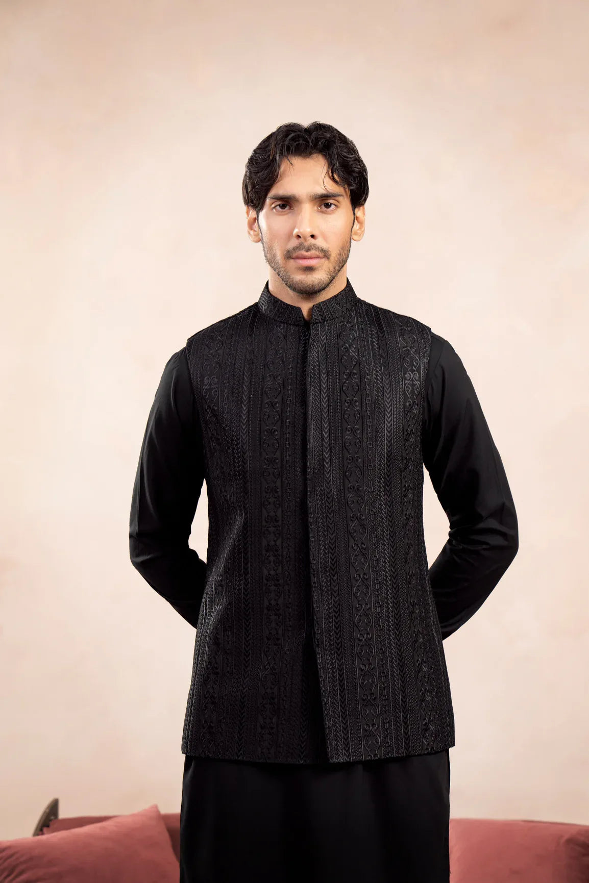 Black Cross Stitched Embroidered Waistcoat - Men - Muraqsh -- Wedding Wear