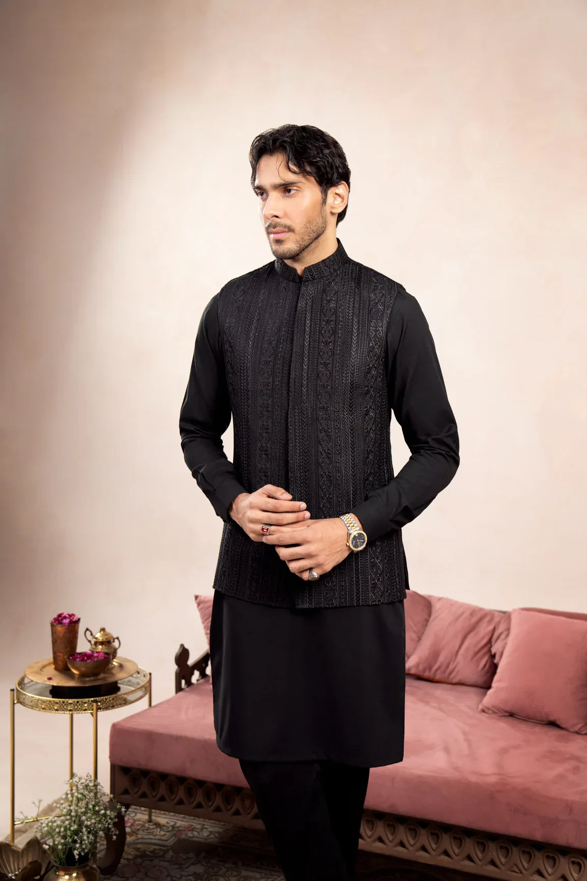 Black Cross Stitched Embroidered Waistcoat - Men - Muraqsh -- Wedding Wear