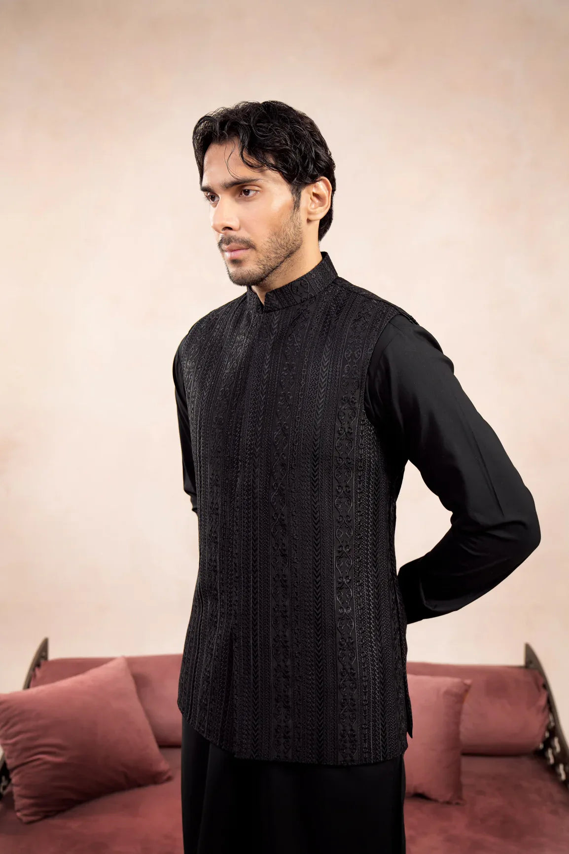 Black Kurta Trouser with Cross Stitched Embroidered Waistcoat - 3PC - Men - Muraqsh -- Wedding Wear