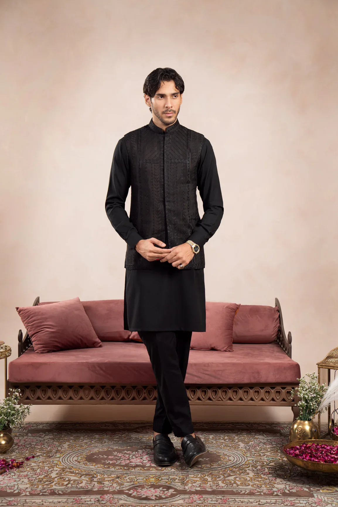Black Kurta Trouser with Royal Embroidered Waistcoat - 3PC - Men - Muraqsh -- Wedding Wear