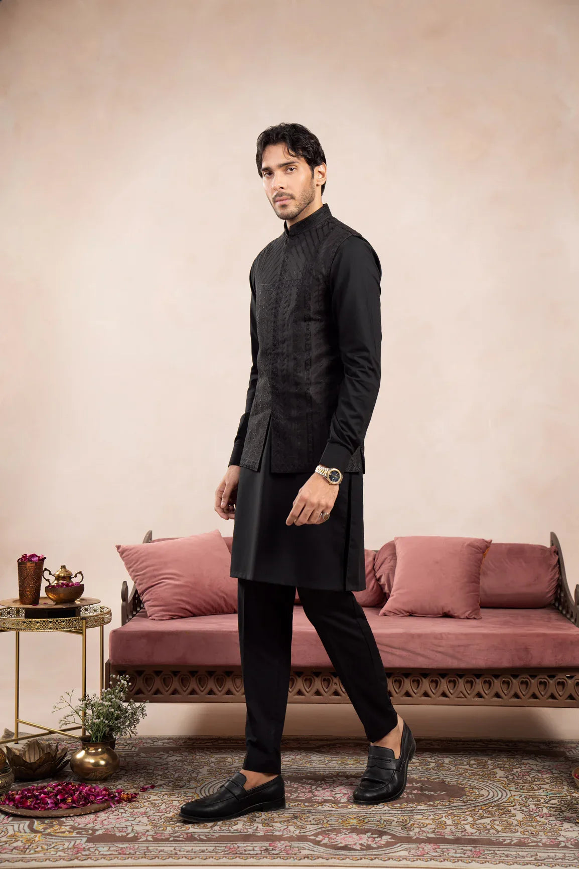 Black Kurta Trouser with Royal Embroidered Waistcoat - 3PC - Men - Muraqsh -- Wedding Wear