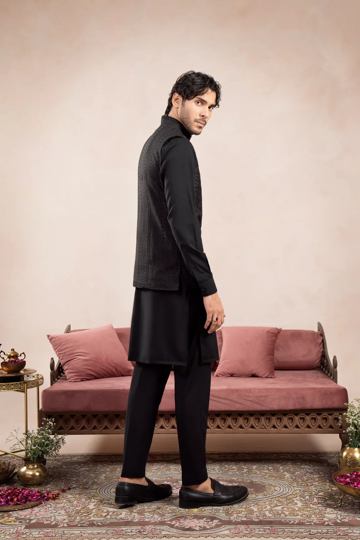 Black Kurta Trouser with Royal Embroidered Waistcoat - 3PC - Men - Muraqsh -- Wedding Wear