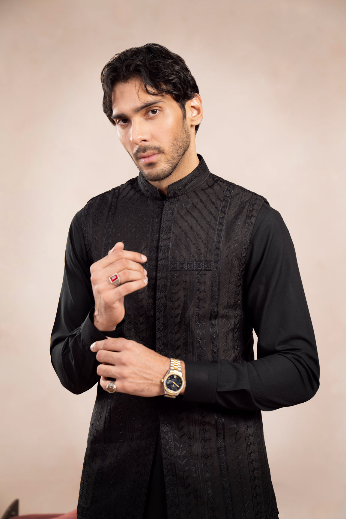 Black Kurta Trouser with Royal Embroidered Waistcoat - 3PC - Men