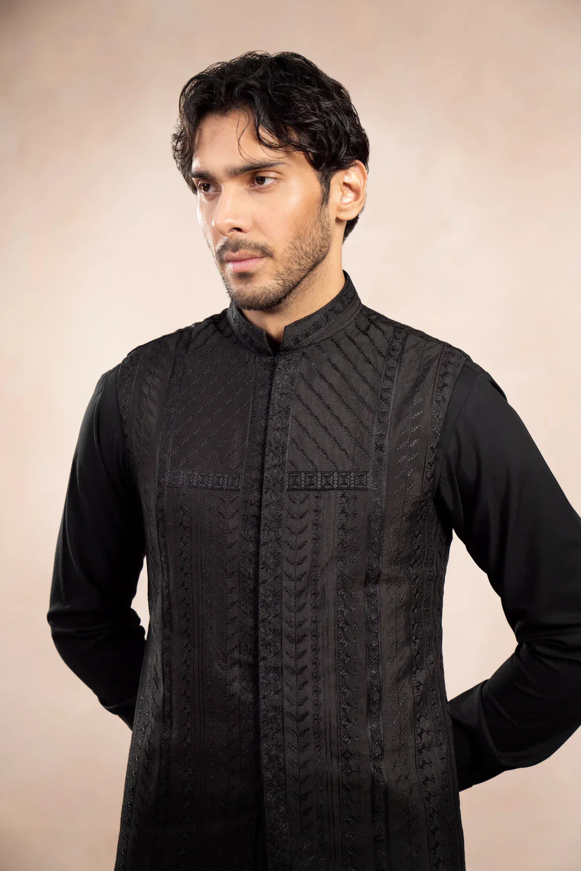 Black Kurta Trouser with Royal Embroidered Waistcoat - 3PC - Men - Muraqsh -- Wedding Wear