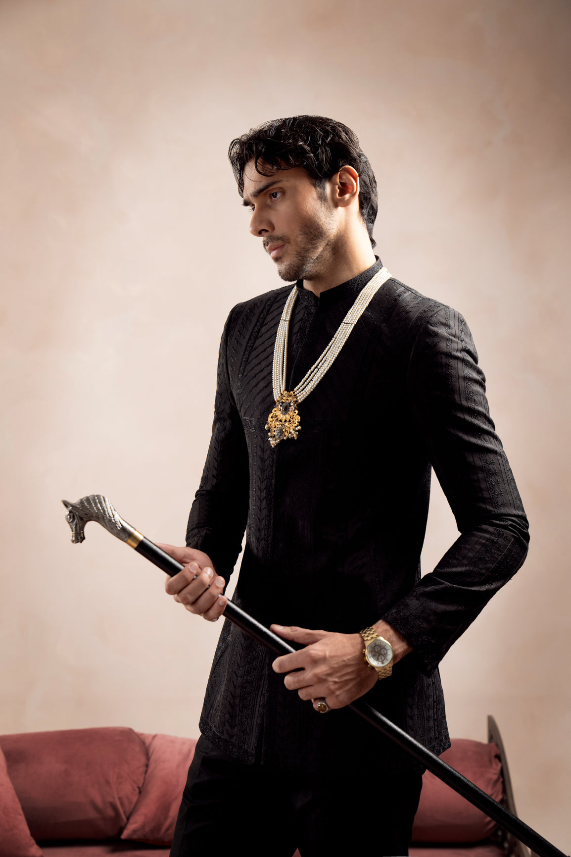 Black Royal Embroidered Prince Coat with Trouser - 2PC - Men