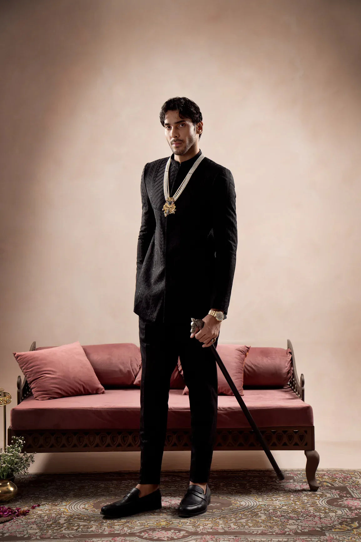 Black Royal Embroidered Prince Coat with Trouser - 2PC - Men - Muraqsh -- Wedding Wear