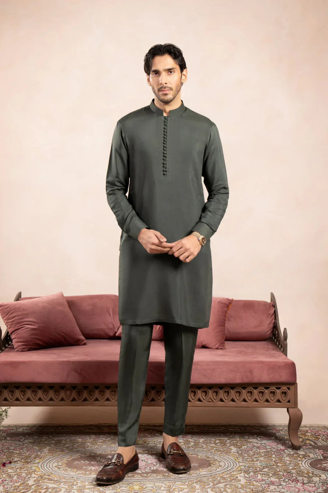 Olive Green Viscose Silk Kurta Trouser - Loop Buttons - Men - Muraqsh -- Wedding Wear