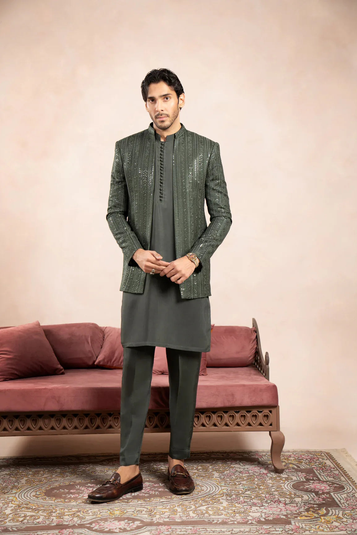 Olive Green Falling Embroidered Open Prince Coat - Men - Muraqsh -- Wedding Wear