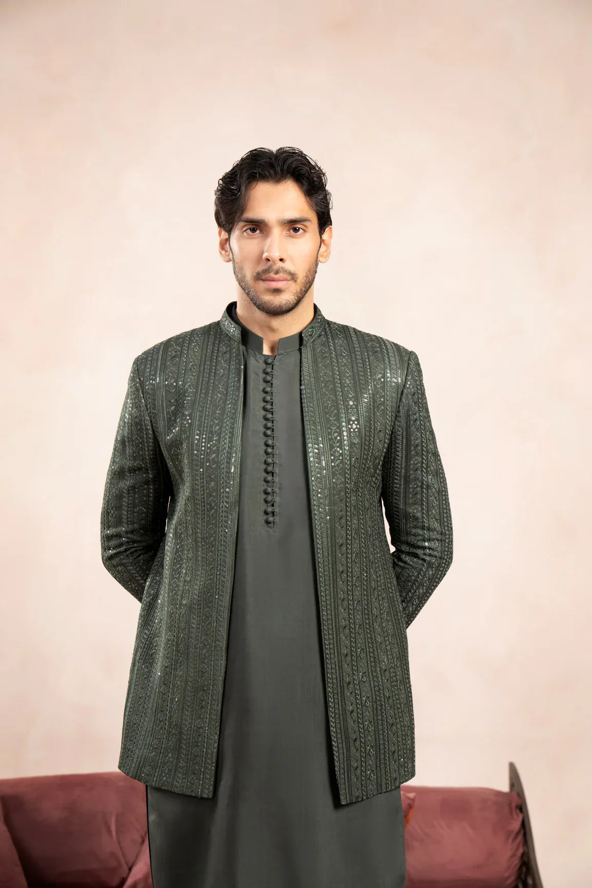 Olive Green Loop Kurta Trouser with Falling Embroidered Open Prince Coat - 3PC - Men - Muraqsh -- Wedding Wear