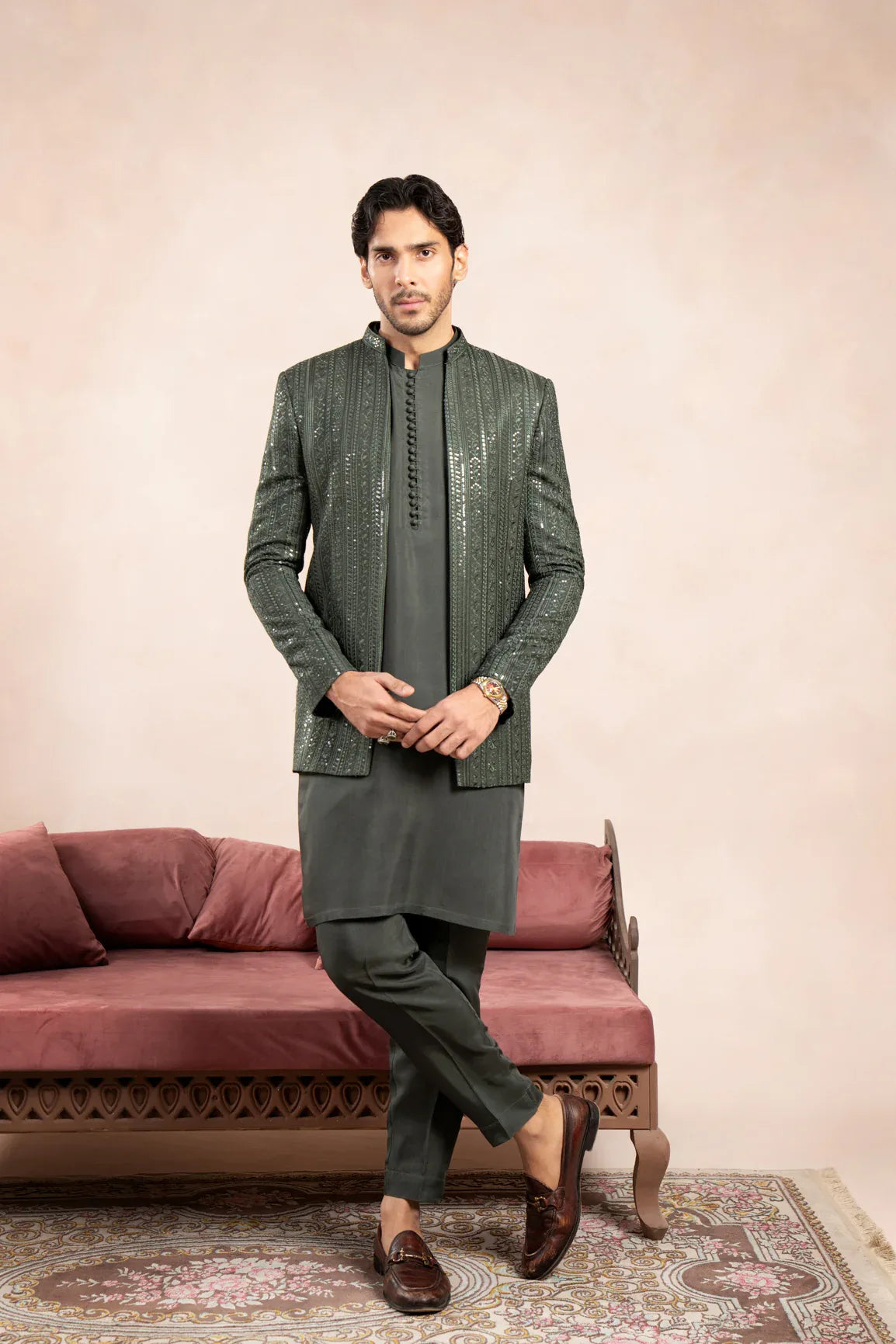 Olive Green Loop Kurta Trouser with Falling Embroidered Open Prince Coat - 3PC - Men - Muraqsh -- Wedding Wear