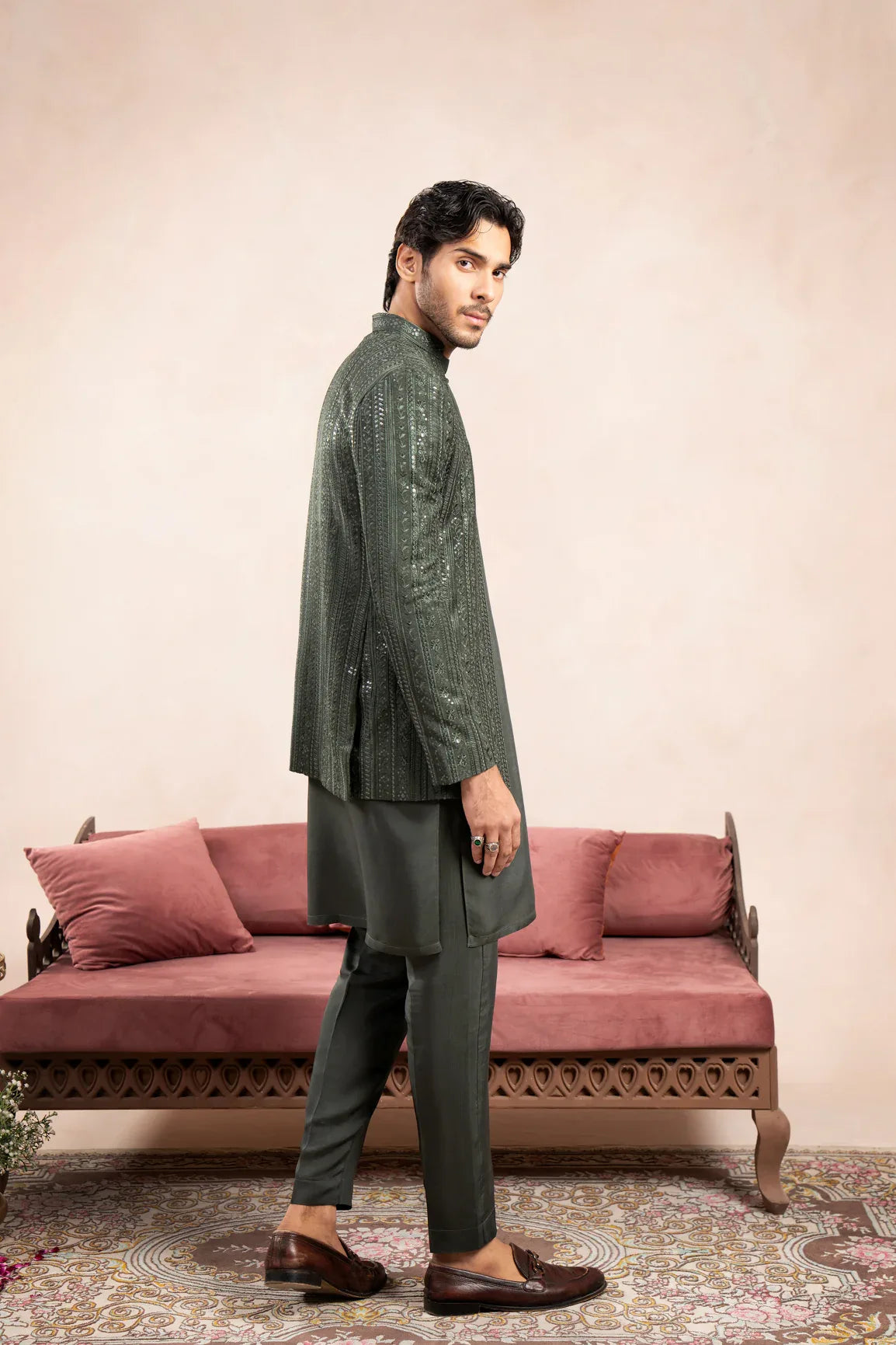 Olive Green Loop Kurta Trouser with Falling Embroidered Open Prince Coat - 3PC - Men - Muraqsh -- Wedding Wear