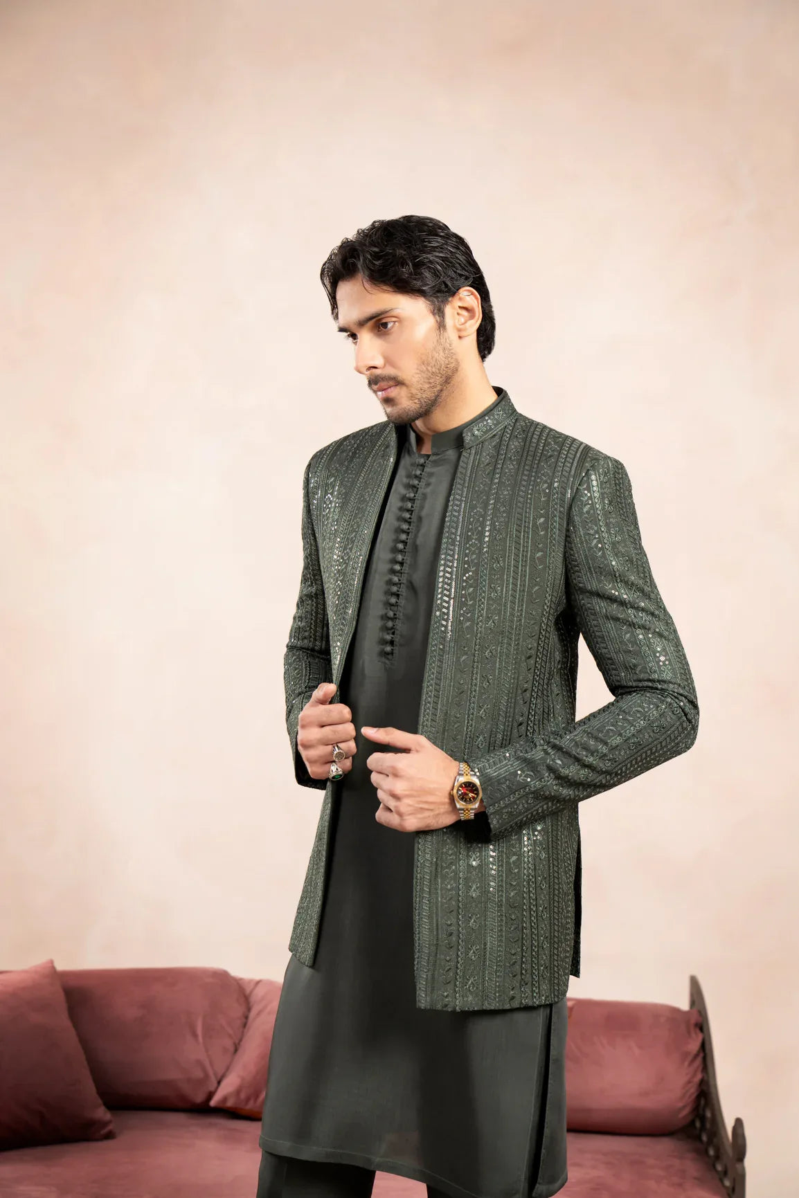 Olive Green Loop Kurta Trouser with Falling Embroidered Open Prince Coat - 3PC - Men - Muraqsh -- Wedding Wear