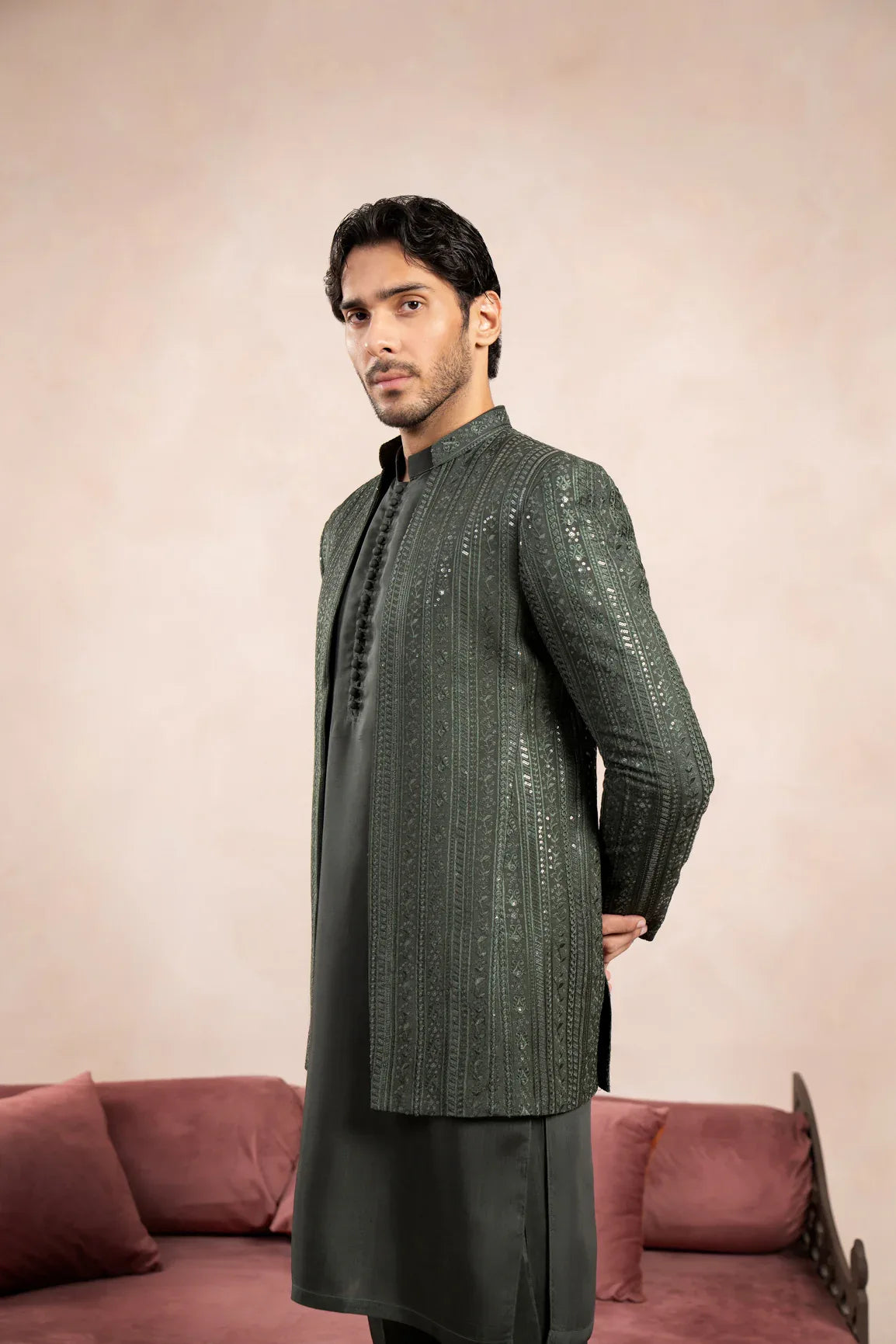 Olive Green Loop Kurta Trouser with Falling Embroidered Open Prince Coat - 3PC - Men - Muraqsh -- Wedding Wear