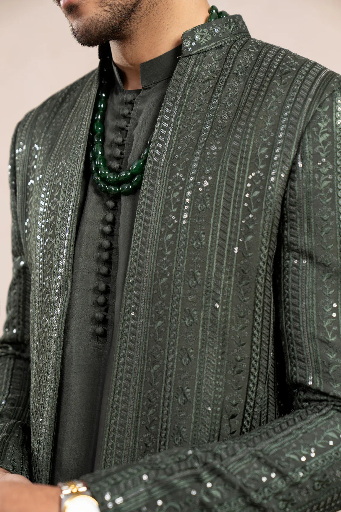 Olive Green Loop Kurta Trouser with Falling Embroidered Open Prince Coat - 3PC - Men - Muraqsh -- Wedding Wear