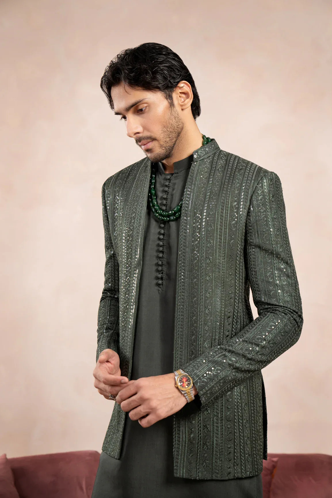 Olive Green Loop Kurta Trouser with Falling Embroidered Open Prince Coat - 3PC - Men - Muraqsh -- Wedding Wear