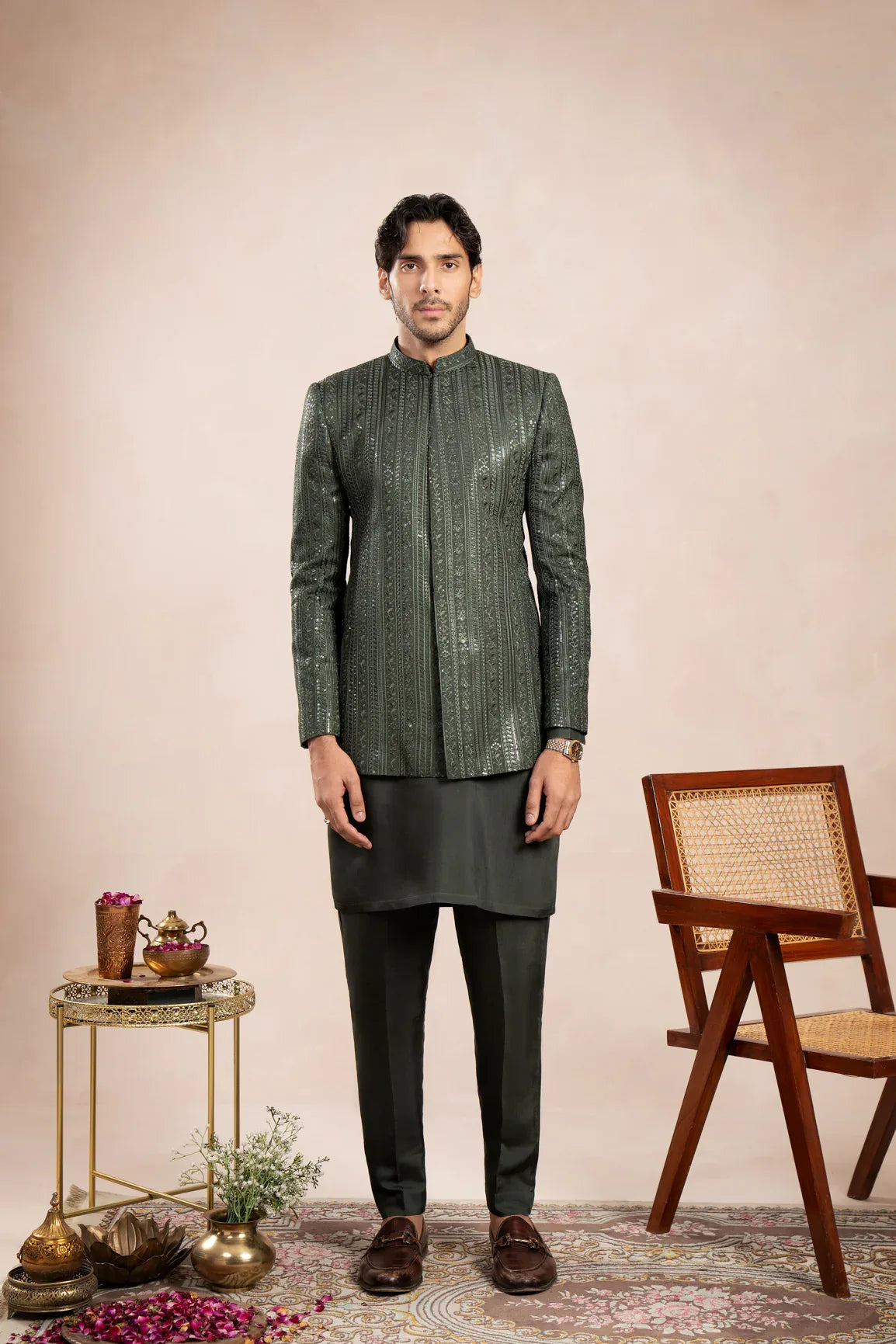 Olive Green Kurta Trouser with Falling Embroidered Prince Coat - 3PC - Men - Muraqsh -- Wedding Wear